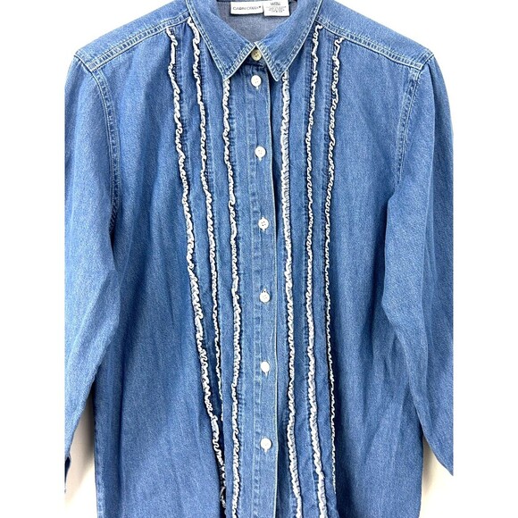 Cabin Creek Womens Button Up Shirt Long Sleeve Ruffle Chambray Sz L 1042E4 - Picture 8 of 10